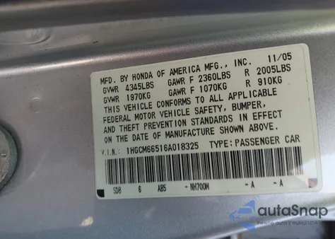 2006 Honda Accord 3.0 Ex from USA, damaged, VIN 1HGCM66516A018325